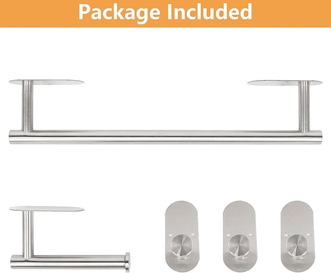 TocTen 5 Pieces Wall Mounted or Self Adhesive Towel Bar Set, Stainless Steel Bathroom Hardware Set Include 16″ Towel Rack, Toilet Paper Holder, 3 Towel Hook, Sticky Bathroom Accessory Kit (Silver)