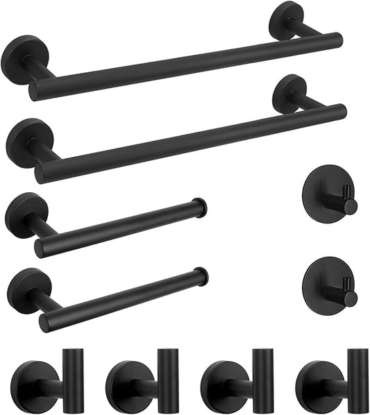 NearMoon Bathroom Hardware Set SUS 304 Thicken Stainless Steel-Towel Bar Set Include 16" Towel Rod, Toilet Paper Holder, Multifunctional Hooks Bathroom Accessories (Matte Black, 10 Pcs)