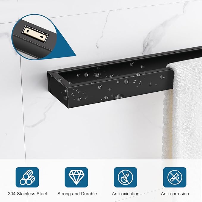 TNOMS Single Towel Bar Towel Holder Bathroom Hardware Accessories,Stainless Steel Wall-Mounted Towel Rack Towel Rail,12 Inches Matte Black
