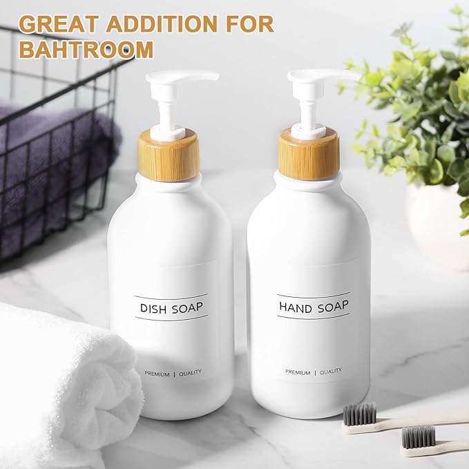KASUNTING White Soap Dispenser, 2 Pack Plastic Bathroom Hand Soap and Lotion Dispenser Set with Bamboo Pump, 17 Fl Oz Hand and Dish Soap Dispensers Set for Kitchen, Refillable Liquid Soap Bottles