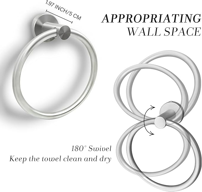 Brushed Nickel Hand Towel Ring - Simple Round Towel Hanger for Bathroom Wall Mounted, Stainless Steel SUS 304
