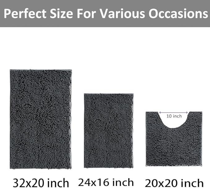 Bathroom Rugs Set Non Slip 3 Piece Bath Mat Washable Chenille Bath Rugs with PVC Backing Bath Carpet,Absorbent Bathroom Mats with Toilet Rug,Bath Mats for Bathroom,Bedroom, Kitchen,Tub,Home Decor