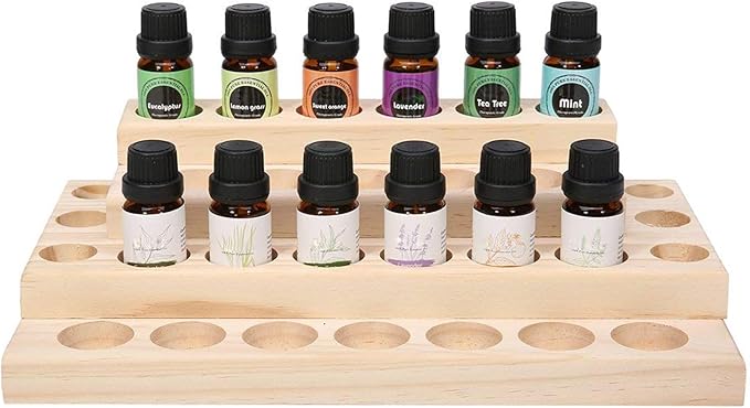 VolksRose 4-Tier Essential Oils Storage Rack, Wooden Essential Oils Nail Polish Display Holder Shelf, Cosmetic Perfume Essential Oil Organizer Stand - 30 Slots for (5ml 10ml 15ml 20ml) Bottles
