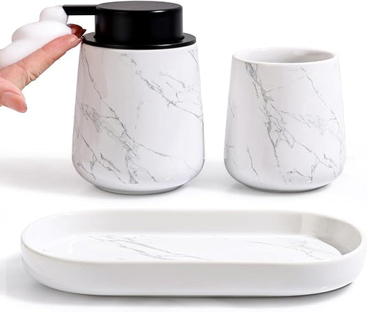 BosilunLife Bathroom Accessories Set 3 pcs - Bathroom Ceramic Foaming Soap Dispenser Set Farmhouse Marble Bathroom Decor, Foam Soap Dispenser and Toothbrush Holder/Tumbler Cup, Tray