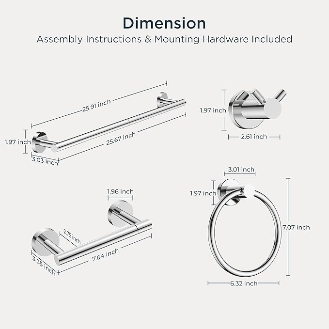 FORIOUS Bathroom Hardware Accessories Set, SUS304 Stainless Steel Towel Bar Set, Modern Towel Racks Holder for Bathroom, Toilet Paper Holder Wall Mounted 4 Pieces(24" Bar, Chrome)