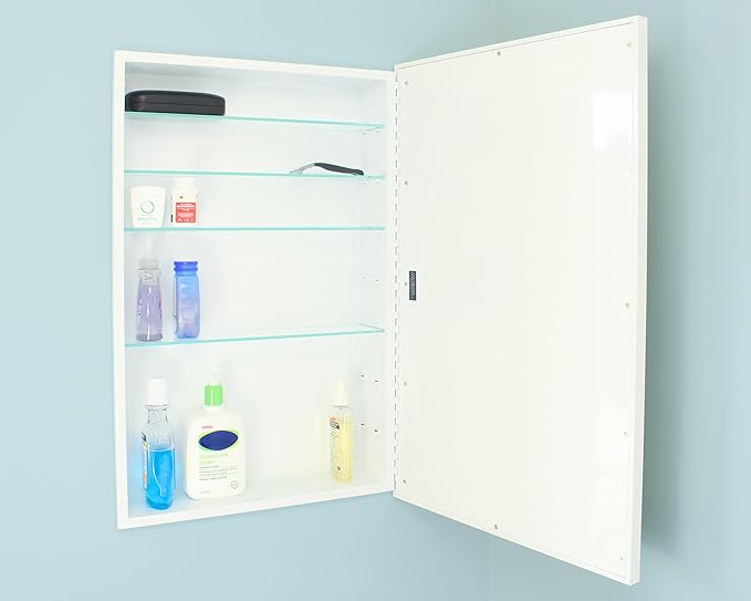 Fox Hollow Furnishings 20x30 Parker Metro Metal Framed Rectangle Recessed Bathroom Medicine Cabinet, Floating Mirror, 18x28 in-Wall Opening, Steel, Adjustable Glass Shelves, Magnet Close, White