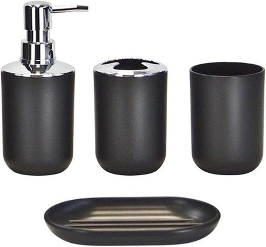 4pcs Bathroom Accessories Set, Toothbrush Holder Tooth Mug Soap Dish Liquid Bottle Bathroom Set Shower Countertop Vanity Organizer(Black)
