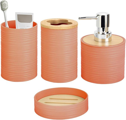 4 Pieces Bamboo Bathroom Accessories Set, Bathroom Accessory Set with Soap Dispenser and Toothbrush Holder, Soap Dish and Toothbrush Cup, Boho Bathroom Decor(Orange)