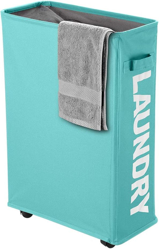 Slim Rolling Laundry Basket with wheel, IHOMAGIC Rectangle Storage Hamper - Thin Laundry Basket Corner Fittable Laundry Bin Flexible handle Laundry Sorter For Dormitory, Hotel, 39x18.5x58cm 41L, Blue