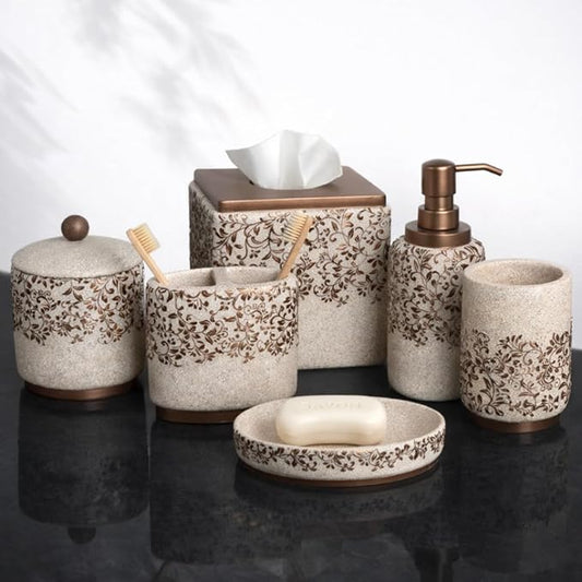 Decozen Bathroom Accessories 6Pcs Set, Soap Dispenser, Toothbrush Holders, Tumbler, Soap Dish & Cotton Swab Jar – Modern Bathroom Decor, Modern Farmhouse Decor, Countertop Accessories, Beige