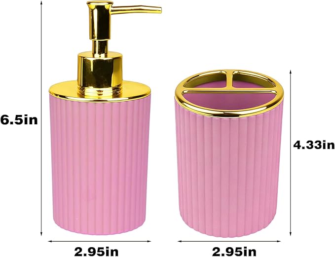 Bathroom Accessories Set, 2-Piece Pink & Gold Soap Dispenser & Toothbrush Holder, Modern ABS Vanity Organizer for Countertop, Minimalist Bathroom Decor