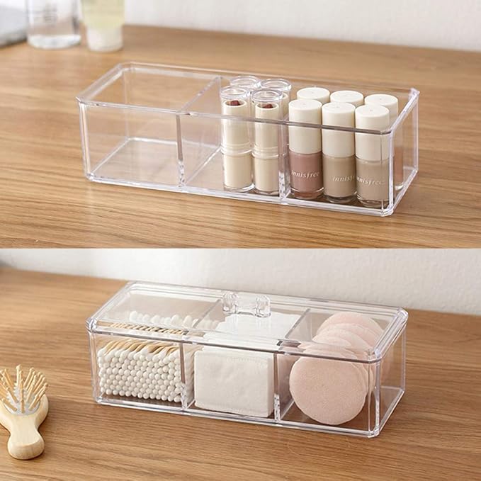Cotton Ball and Swab Holder Organizer with Lid, Dustproof, Waterproof, Clear Acrylic 3 Compartment Cotton Pad Container for Cosmetics