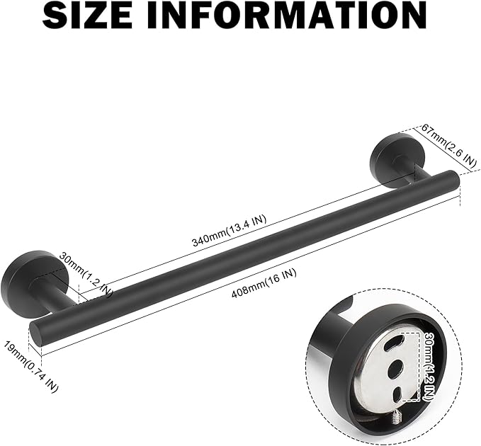 Livabber Bath Towel Bar, 304 Stainless Steel Towel Rack, Heavy Duty Towel Holder Wall Mounted for Bathroom/Kitchen, Usable Hanging Length-13.4 Inch, Total Length-16 Inch (Black)
