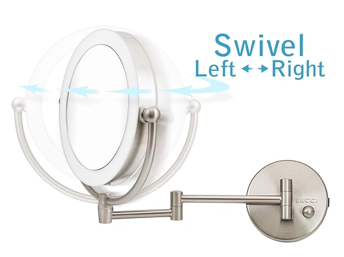 UCCI LED Wall Mount Makeup Mirror with Light – 1X/10X Magnification Double-Sided Vanity Mirror, Dimmable Lighting, 360° Swivel, Extendable Arm Bathroom Mirror, Satin Nickel, AC Powered 8.6”