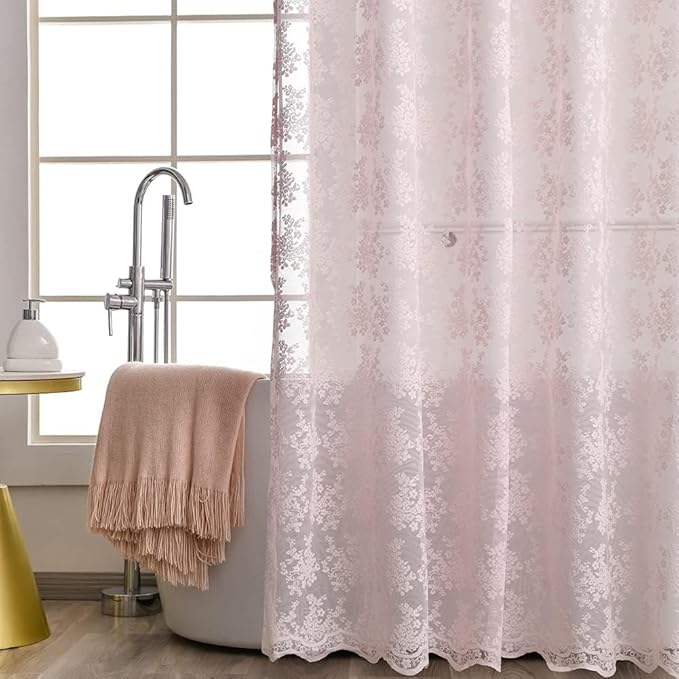 YJ YANJUN Long Girly Shower Curtains for Bathroom 72x84 Romantic Shabby Form Style Floral Lace Shower Curtain with Scalloped Edge Preppy Bath Curtain Fancy Shower Curtain Pink 84 inches Long