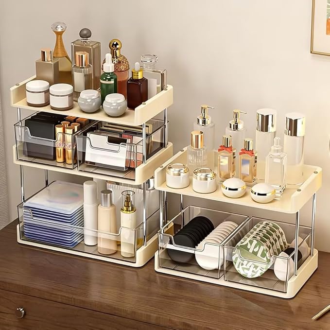2-Tier Makeup Organizer with Drawers, Large Capacity Skincare Storage Rack, Countertop Cosmetic Display Stand Medicine Organizer Medicine Cabinet for Vanity, Bathroom, Bedroom (Beige & Clear)