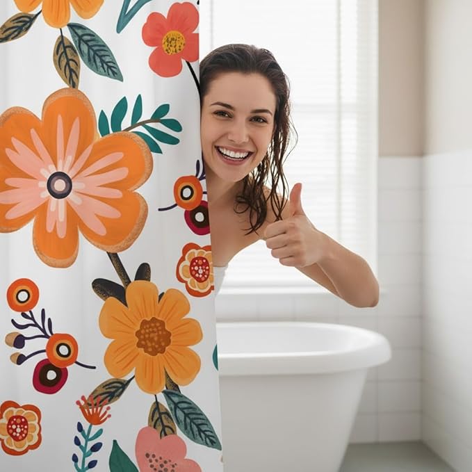 HMS Happy Memories Bohemian Plant Boho Floral Print Shower Curtain, Polyester Fabric Cloth for Bathroom Decor 72×72 Inch Standard Size with 12 Hooks, Also as Room Divider (White Orange Floral)