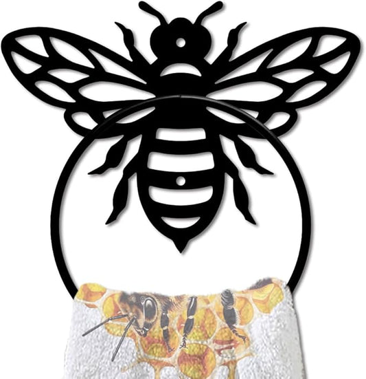 MAYJOYDIY Honey Bee Metal Towel Ring Antique Bumblebee Hand Towel Holder Round Cute Insects Towel Hangers Black Bathroom Towel Rack Wall Mounted for Kitchen Bath Home Laundry Room Decors Gifts