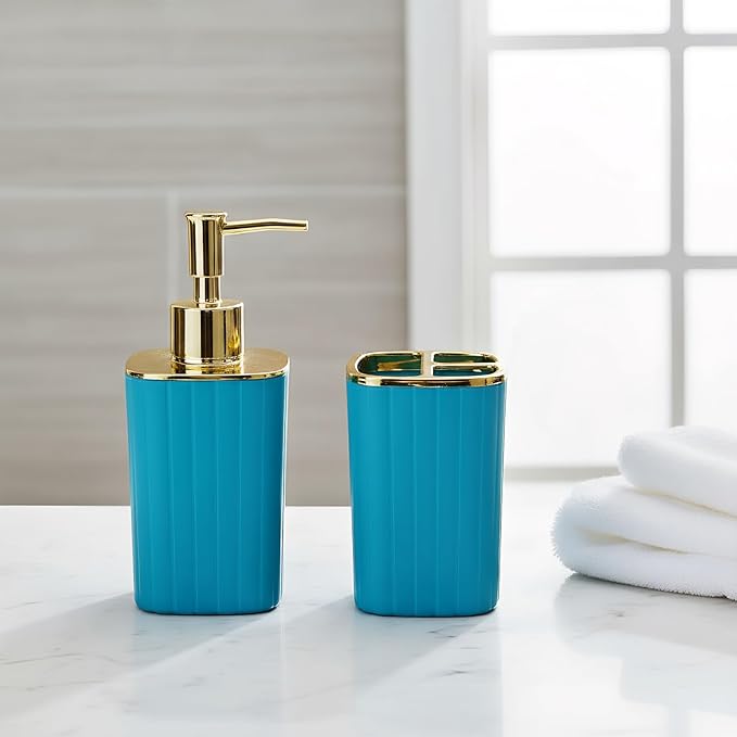 2Pack Bathroom Accessories Set, Sky Blue Bathroom Set. Bathroom Toothbrush Holder Set, Includes Dispenser and Toothbrush Holder. Bohemian Bathroom Accessories