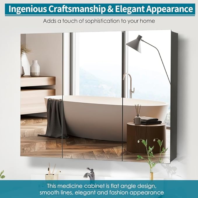 Movo 40 Inch x 28 Inch Black Bathroom Mirror Medicine Cabinet, Frameless Large Wall Mount Medicine Cabinet with 3 Doors,Rmovable Shelves
