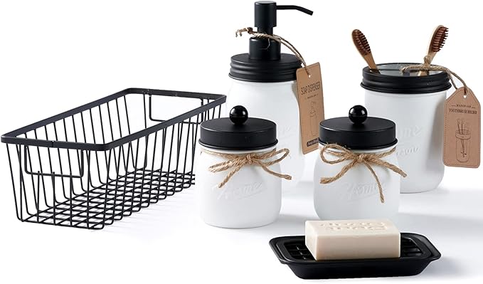SheeChung 6Pcs Mason Jars Bathroom Accessories Set - Toothbrush Holder, Soap Dispenser, Qtip Holders, Soap Dish, Wire Paper Storage, Farmhouse Bathroom Decor (Rustic White, 6Pcs Bathroom Set)