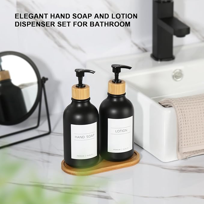 KASUNTING Hand and Dish Soap Dispenser Set, Plastic Kitchen Soap Dispenser Set with Bamboo Tray, 17 Fl Oz Black Soap and Lotion Dispensers Sets with 4 Pack Labels for Kitchen & Bathroom Countertop