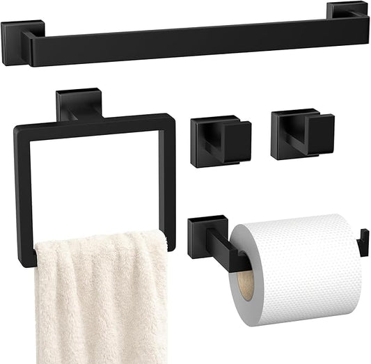Bathroom Accessory Towel Bar Set: 5 Pieces Matte Black Square Bathroom Hardware SUS304 Stainless Steel - 24 Inch Wall Mounted Towel Rack&Toilet Paper Holder&Towel Ring and Towel Hook
