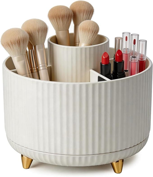 360° Rotating Makeup Brush Holder Organizer, White 5-Slot Spinning makeup organizer Cup for Women, Vanity Desk & Bathroom Storage for Cosmetics, Nail Polish and Beauty Tools