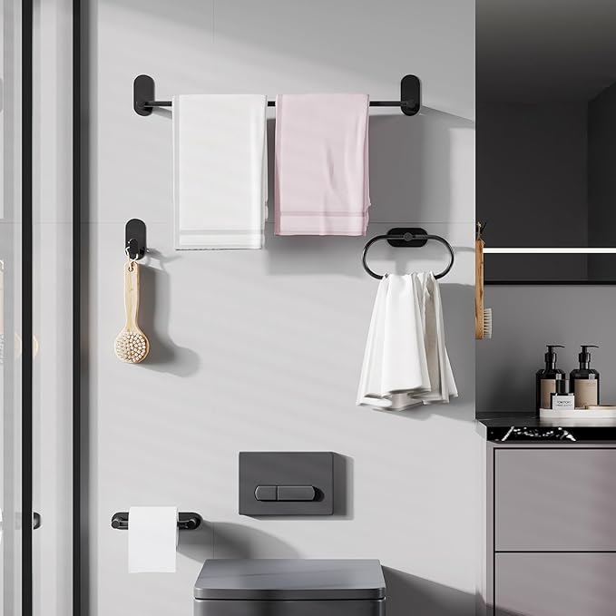 Self Adhesive Towel Bar for Bathroom 24ich Stainless Steel and Zinc Alloy No Drill Towel Rack Heavy Duty Hanger Stick On Hand Towel Holder for Kitchen, Cabinet, Door, Shower, Matte Black