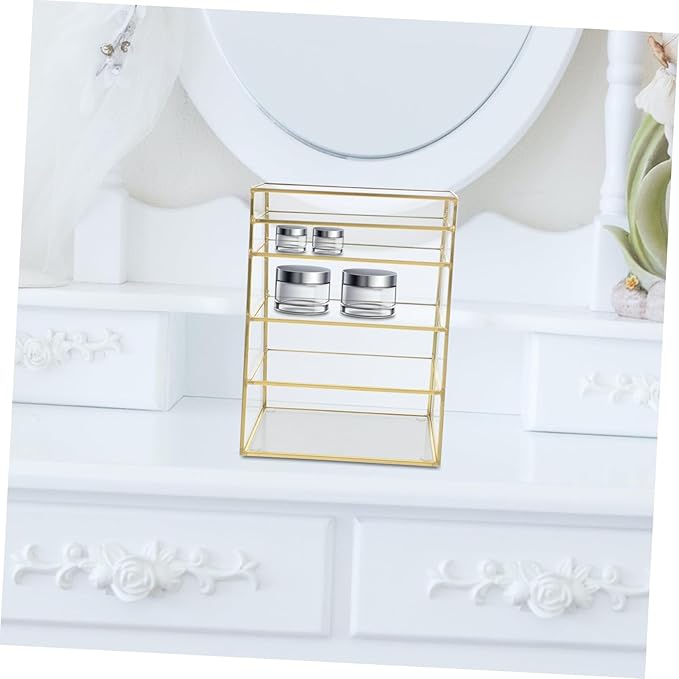 FOMIYES 1pc Multilayer Makeup Organizer Storage Rack Brass Glass Cosmetic Holder for Lipstick and Powder Stylish Desktop Makeup Display Storage for Home and Vanity