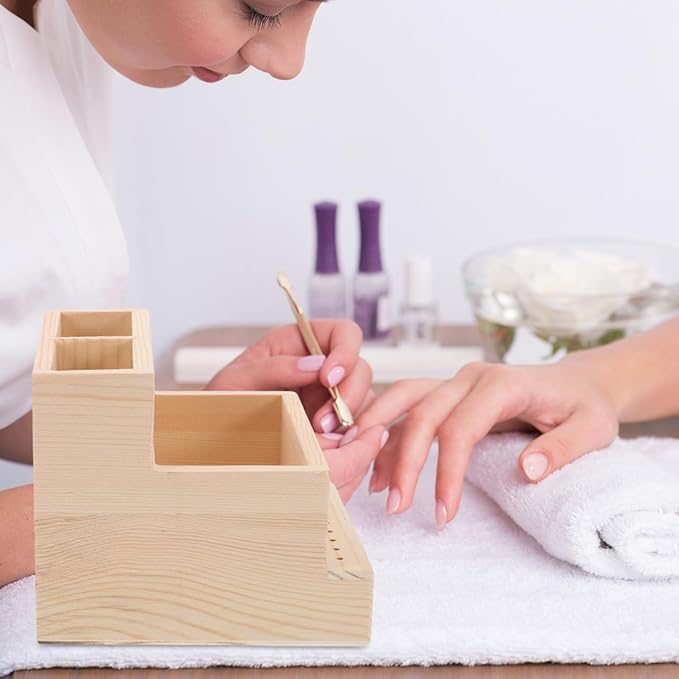 Healeved Nail Polish Storage Organizer Box - Large Wooden Beauty Tool Storage Box with Compartments for Manicure Drill Bits and Accessories - Compact 4.53X4.72X3.94 Inch Case for Home and Salon