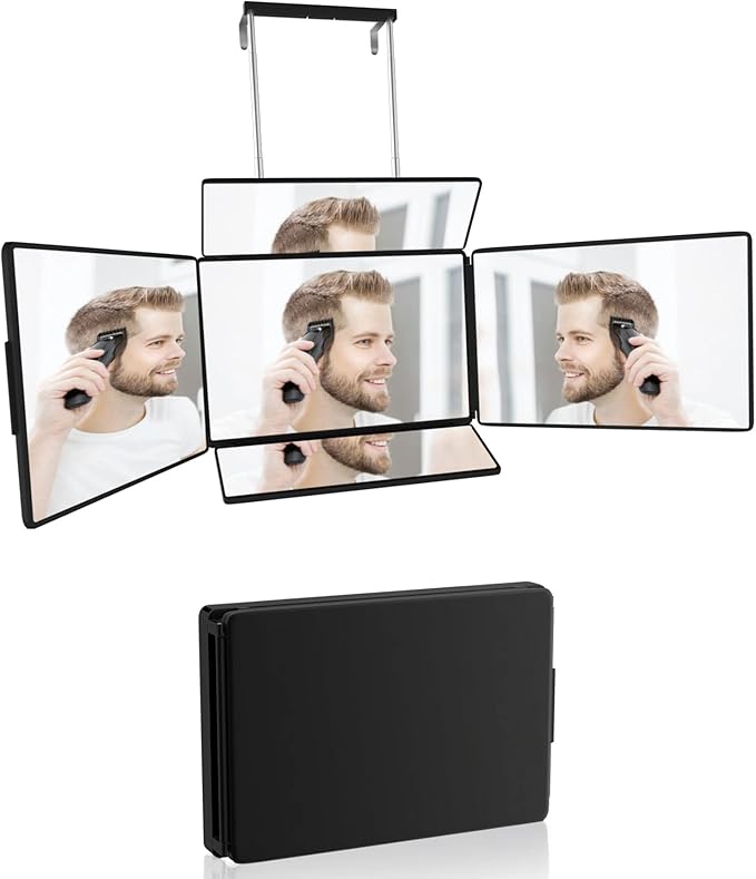 5 Way Mirror for Self Hair Cutting & Shaving, 360 Makeup Mirror with Height Adjustment for Braiding & Styling (Black)