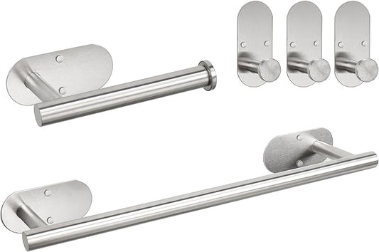 TocTen 5 Pieces Wall Mounted or Self Adhesive Towel Bar Set, Stainless Steel Bathroom Hardware Set Include 16″ Towel Rack, Toilet Paper Holder, 3 Towel Hook, Sticky Bathroom Accessory Kit (Silver)