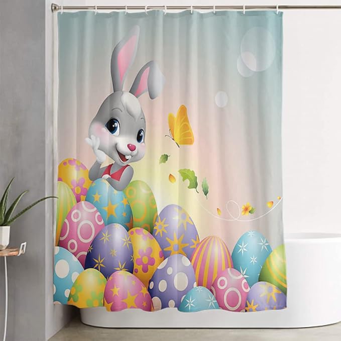 LOKMU 4 Pcs Shower Curtain Sets with Non-Slip Rugs, Toilet Lid Cover and Bath Mat,Cartoon Happy Easter Bunny Egg Waterproof Shower Curtain with 12 Hooks, Bathroom Decor Sets, 72" x 72"