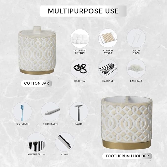6-Piece Bathroom Accessories Set – Soap Dispenser, Toothbrush Holder, Tumbler, Soap Dish, Cotton Swab Jar & Toilet Brush – Modern Bathroom Decor Set (Solana)