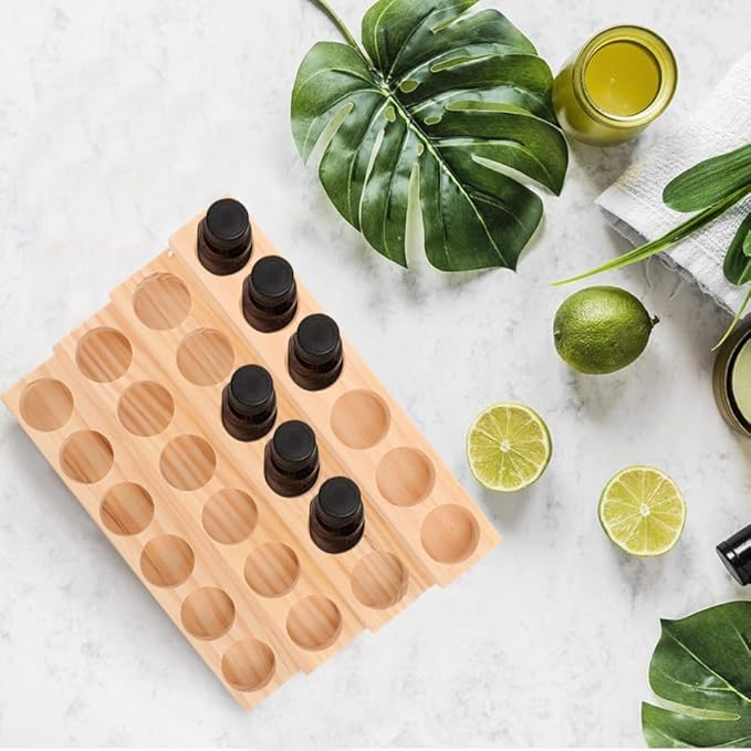 Healifty Wooden Essential Oil Organizer Rack 24 Slots Bottle Display Stand for 30Ml Dropper Bottles Perfume Nail Polish Storage Desktop Organizer