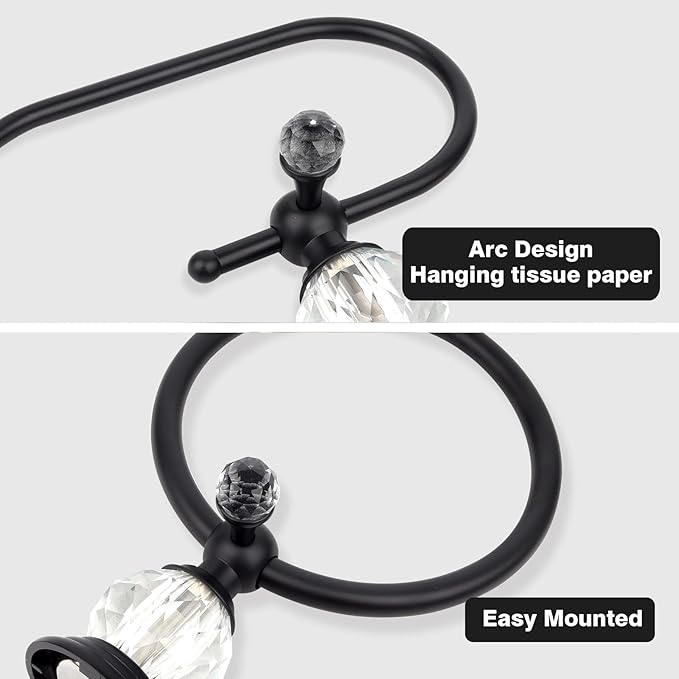 2 Pieces Sets Black Crystal Series Toilet Paper Holder Wall Mouted Towel Ring, Gold Round Hand Towel Rack Decorative for Bathrooms