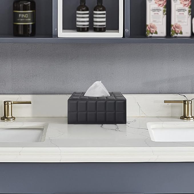 Tissue Box Cover Rectangle Tissue Box Holder PU Leather Facial Organizer with Magnetic Bottom,Decorative Napkin Caddy for Vanity Dresser Night Stand Table Countertop Home Office Car,Black