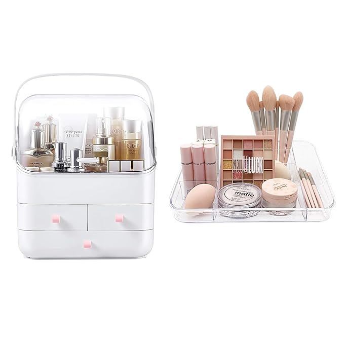 SUNFICON Makeup Organizer Holder Cosmetic Storage Box with Makeup Tray Organizer Set