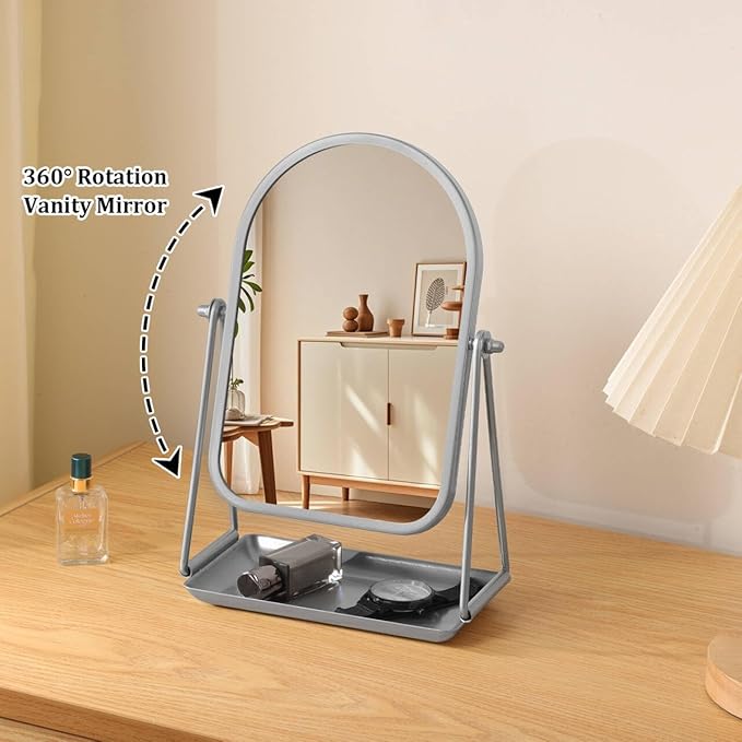 Vanity Mirror for Desk Arched Table Makeup Mirror 360°Rotation Freestanding Vanity Mirror with Metal Tray Silver Countertop Mirror with Storage for Living Room Bedroom Bathroom