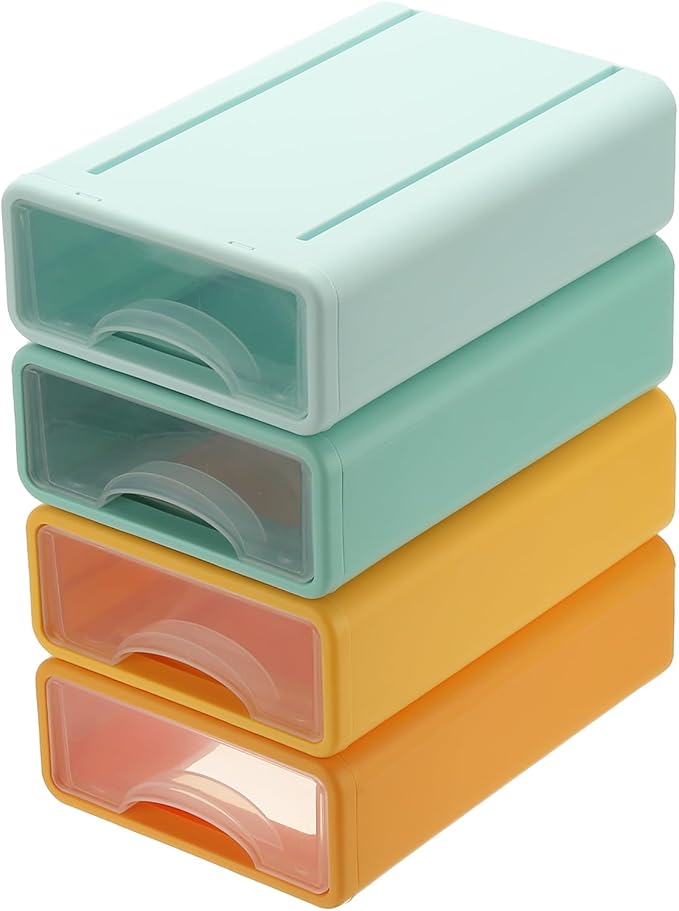 PATIKIL Small Stackable Storage Drawers, Stacking Drawers Mini Desk Bathroom Storage Organizer Cute Drawer Organizer Plastic for Desktop Office Pens Makeup, 4Pcs, Orange/Yellow/Green/Blue