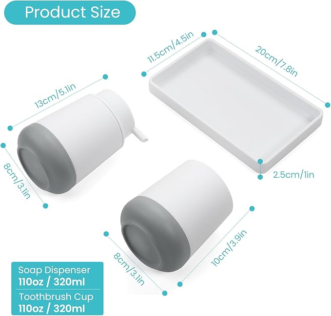 GAHEFY White Bathroom Countertop Accessories Set - Soap Dispenser and Toothbrush Holder with Silicone Boot,Vanity Tray (White Foam)