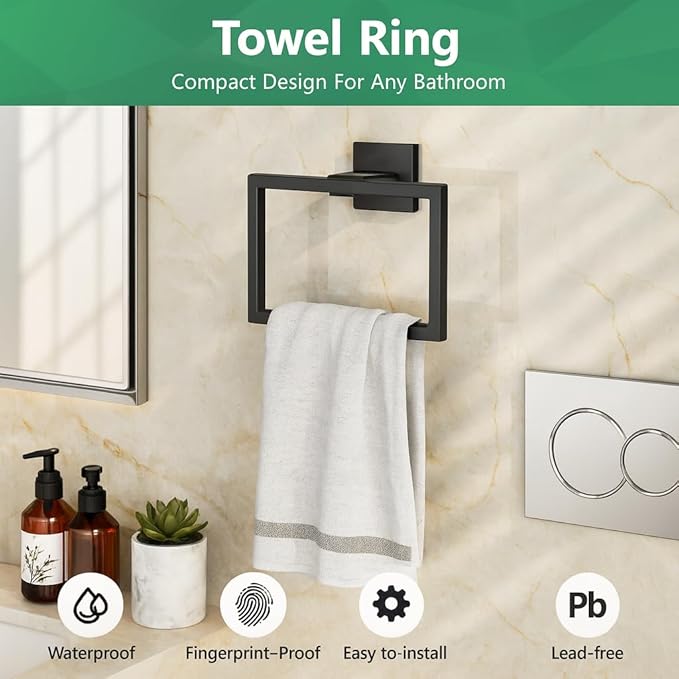 Matte Black Bathroom Hardware Set, 5-Piece SUS304 Stainless Steel Towel Bar Set, 23.8 Inch Wall Mounted Bathroom Accessories, Includes Toilet Paper Holder, Towel Ring & Hooks