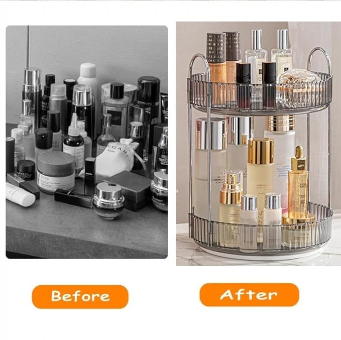 Makeup Organizer for Vanity, 360° Rotating Bathroom Organizer Countertop, High-Capacity Skincare Organizer, Spinning Cosmetics Organizer for Dresser Countertop (2 Tiers, Grey)