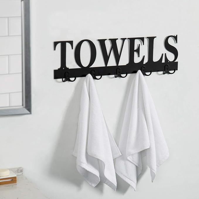 MyGift Towel Rack for Bathroom, Wall Mounted Bath Towel Holder with 5 Dual Hooks, Kitchen Laundry Hand Towel Hanger, Black Metal with Decorative Towel Cutout Design