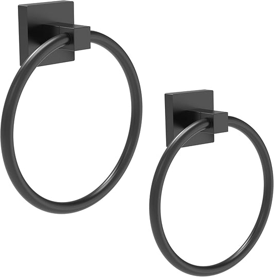 RUACQ Towel Ring-Matte Black Towel Holder Square Base Stainless Steel and Zinc Alloy Modern Wall Mounted