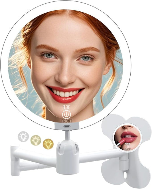 6" Led Wall Mounted Makeup Mirror Double Sided 1/30X, 1-Second Install Lightweight Compact Wall Mirror with Light, Rechargeable Extendable Magnifying Mirror for Bathroom, Wall Vanity Mirrors (1+30X)