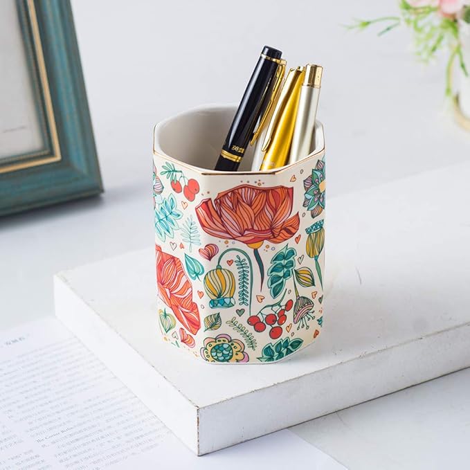 Ceramic Pen Holder For Desk Cute Flower Stand Aesthetic Floral Pencil Cup Pot Desk Organizer Makeup Brush Holder Gift for Girls Women (Flower)