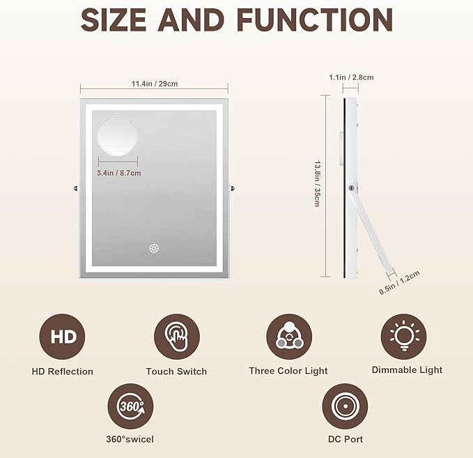 MINISO Vanity Mirror with Lights, 11.4" x 13.8" LED Makeup Mirror, Light & Brightness Adjustment, Smart Sensor, Aluminum Alloy Metal White Frame, with 5X Magnifying Glass