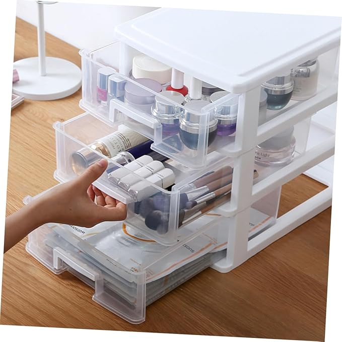 Outanaya Three-layer Drawer Storage Cabinet White Plastic Organizer for Desktop Multifunctional Storage Box for Sundries Bathroom Office Use